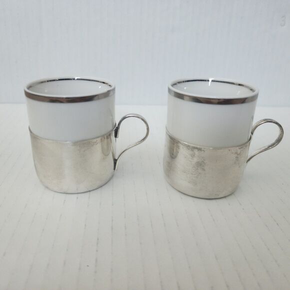 Cristofoli Prata 90 Set of 2 Ceramic Espresso Cups with Silver Plated Holders - Picture 1 of 4